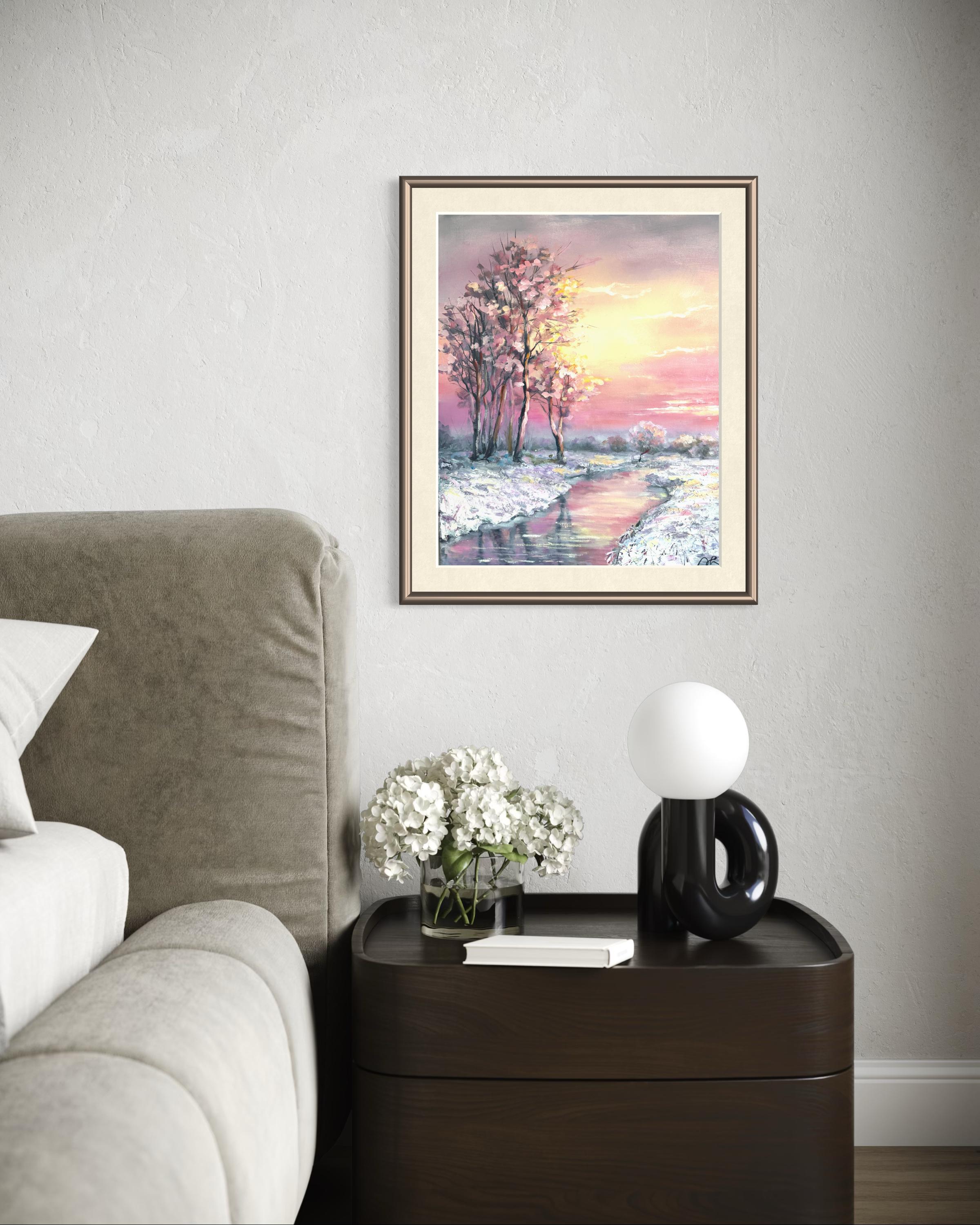 Pink Sunrise Landscape — Original Oil Painting on Canvas, 40x50 Cm