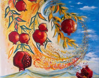 Dipinto di melagrana, Arte dell'abbondanza, Natura morta con frutta rossa, Dipinto acrilico originale, Arte murale ispiratrice