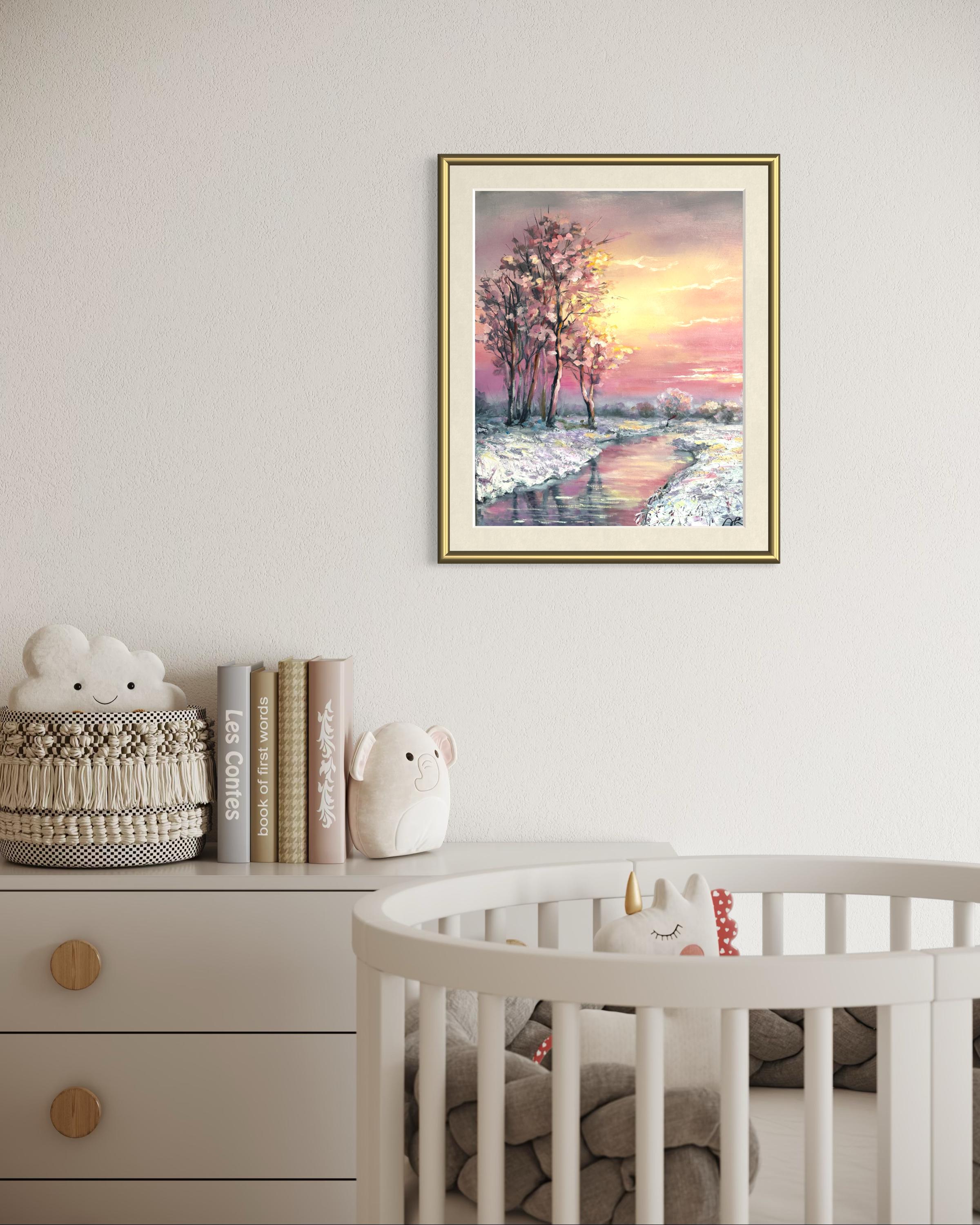 Pink Sunrise Landscape — Original Oil Painting on Canvas, 40x50 Cm