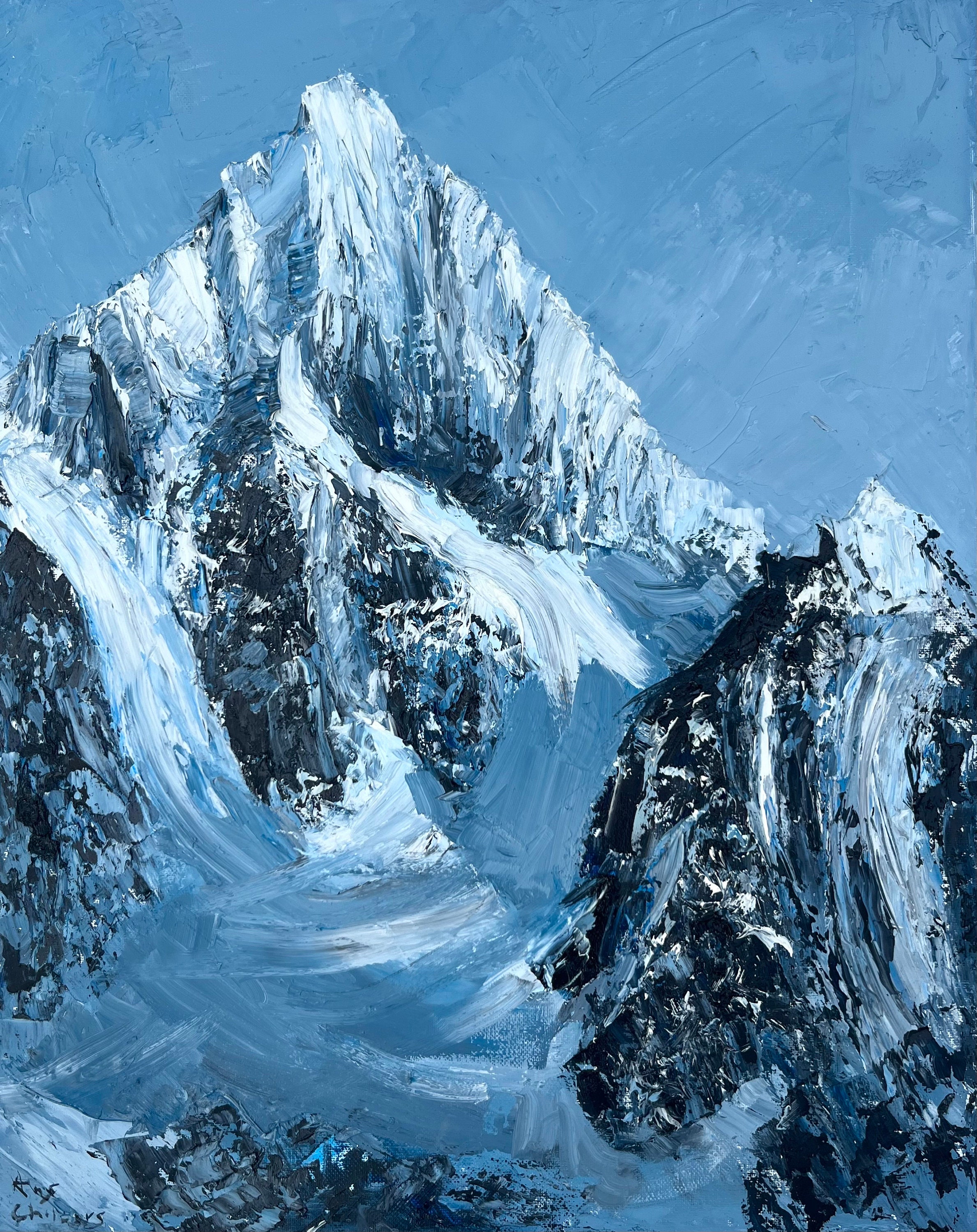 キャンバスに描かれた山の油絵、雪山、テクスチャアート、キャンバスに