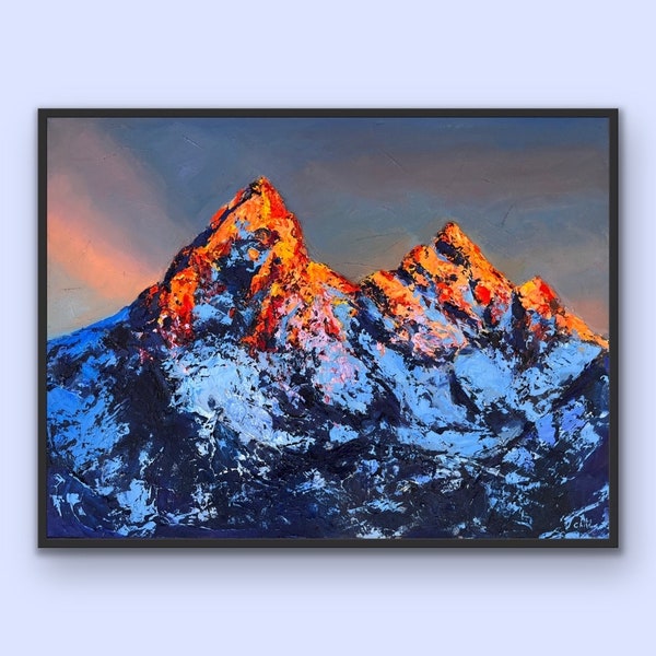 Grand Teton Oil Painting on canvas, Mountain Painting, Textured Art, Burning Peaks