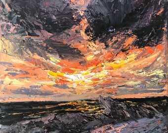Sunset, Original Painting 12x16 Inches, Seascape, Oil Painting on