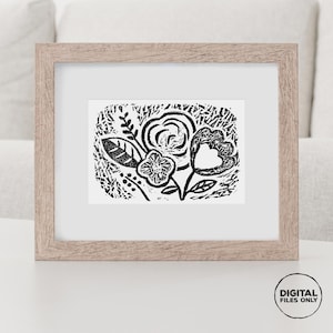Floral Block Print Wall Art | Lino Cut Flower Wall Decor | 4x6” | Digital Download