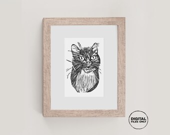Tuxedo Cat Block Print Wall Art | Lino Cut Cat Wall Decor | 4x6” | Digital Download