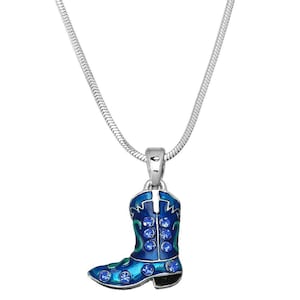 Blue Boot Charm Pendant/Necklace/Rhinestone Crystal Hand Painted/Rhodium Plated/Western Jewelry/Country Style Jewelry/Great Gift Idea