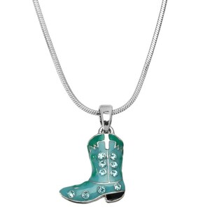Green Cowboy Boot Necklace/Rhinestone/Enamel/17" Chain/Aqua-Turquoise/Chic Gift