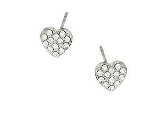 Heart Shaped Post Earrings/Dainty and Cute/Rhinestone Crystal/Rhodium Plated/Silver Color/Friendship Jewelry/Love Jewelry