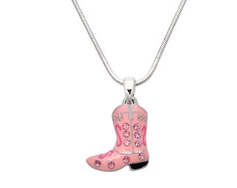 Pink Cowboy Boot Necklace/Pendant/Pink Rhinestone Crystal Hand Painted Rhodium Plated/Western Jewelry/Country Style Jewelry/Great Gift Idea