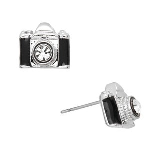 May include: Silver-toned camera stud earrings with black enamel accents. The camera's lens features a clear, sparkling crystal. The earrings are designed to resemble miniature cameras, perfect for photography enthusiasts.