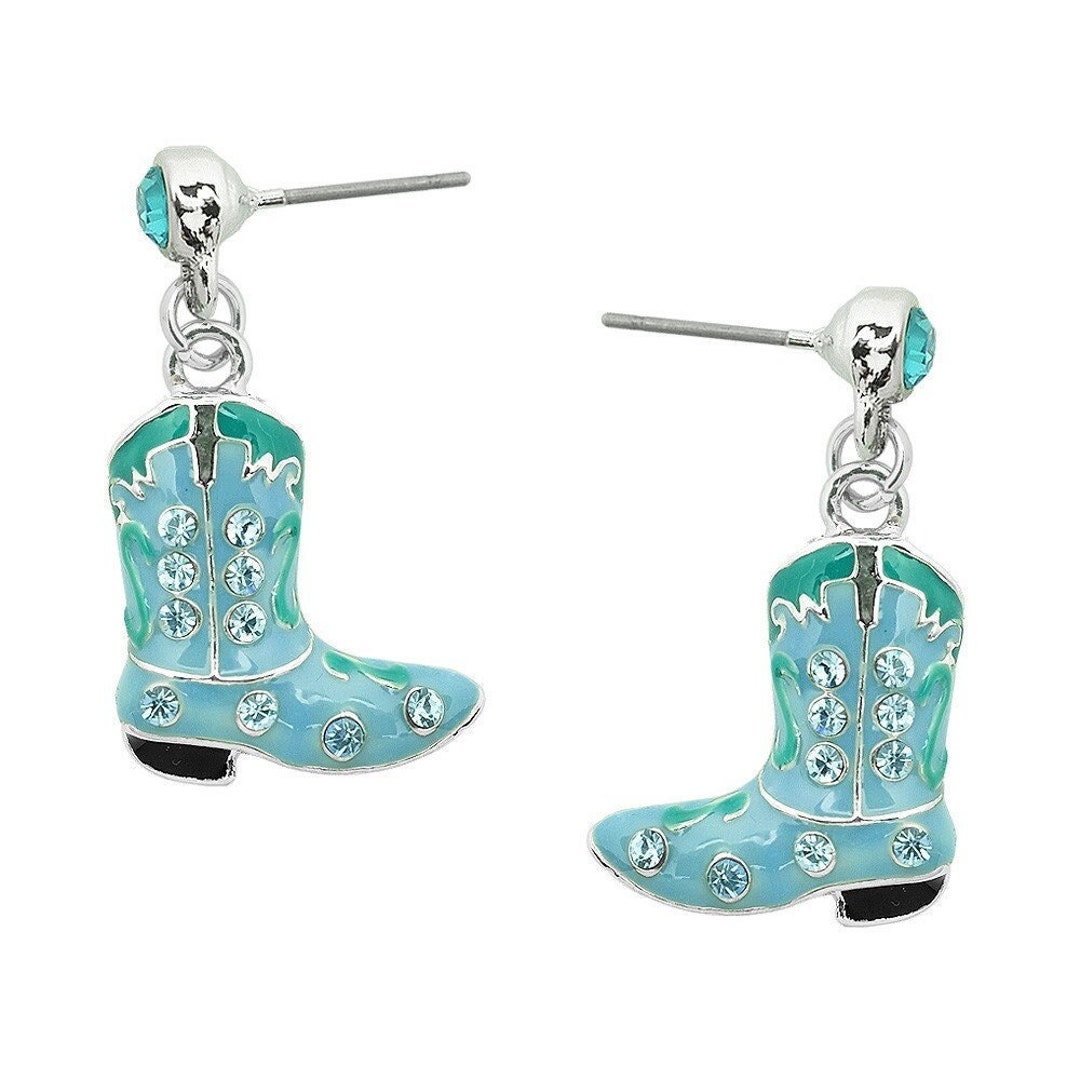 Hand Painted Cowboy Boot Earrings/aquaturquoise/rhinestone Crystal