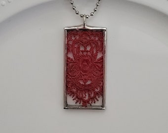 Handmade Lace Pendant Necklace, Romantic Jewelry, Soldered Glass Pendant, Unique Gift for Her, 13th Anniversary Gift