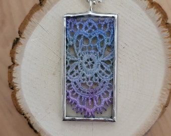 Hand Painted Lace Pendant Necklace, Handmade Romantic Jewelry, Soldered Glass Pendant, Unique Gift for Her, 13th Anniversary Gift