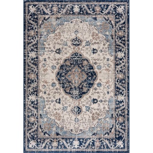 LIVING ROOM RUG Oriental Vintage Design in Blue Soft Short Pile Bordered Medallion Style