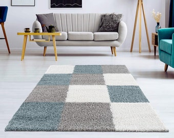 SHAGGY RUGS FLUFFY Rug Geometric Square Design Multicolour Long Pile Modern Living Room Bedroom Flokati Solid colour Blue