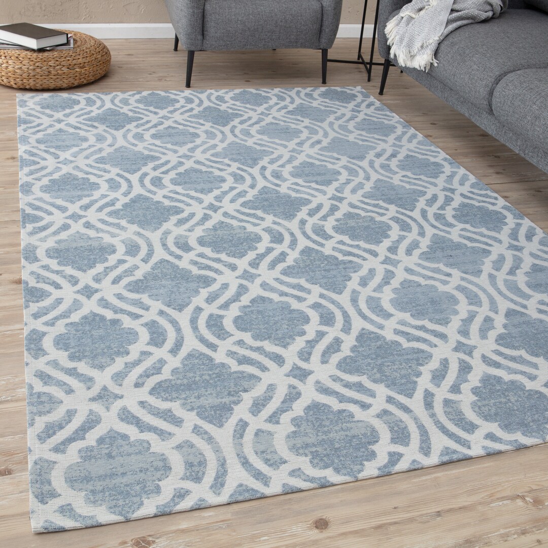 Modern Washable Rugs Carina Collection in Blue, Geometric Rectangle Trellis Moroccan Design for