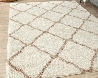 Shaggy Rugs Myshaggy Collection in Ivory/Beige Moroccan Design for Dining Room, Bedroom, Kitchen, Living Room, Nursery | 730