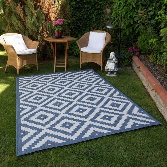 DIAMOND DESIGN BLUE Outdoor & Indoor Rug Durable Weather Proof Washable  Garden Patio Garage Kitchen 