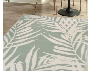 LEAF DESIGN SOFT Easy to Clean Uv Stabilized Low-pile Modern Rug in Grey and Green | Living Room Bedroom Kitchen