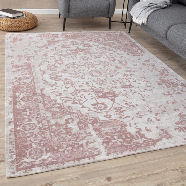 Washable Rug in Pink Oriental Design Flatweave Machine Washable Nonslip Rugs and Runners