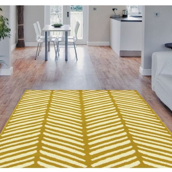 HERRINGBONE DESIGN SOFT Easy to Clean Uv Stabilized Low-pile Rug in Grey, Yellow and Navy | Living Room Nursery Bedroom Kitchen