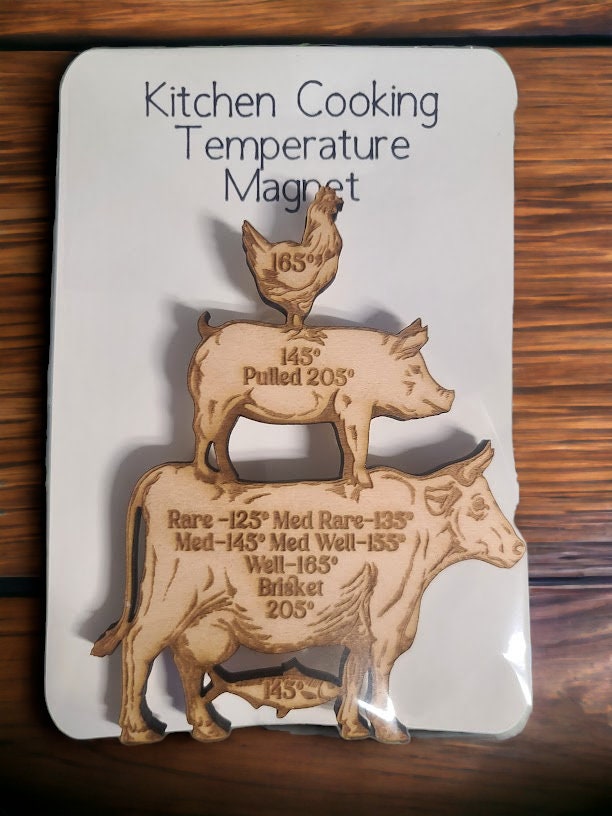 Pompotops Silver Metal Meat Temperature Magnet, Chicken, Beef, Pork, Fish Cooking Internal Temperature Guide Grill Magnet, Wood Engraved Stacked Meat