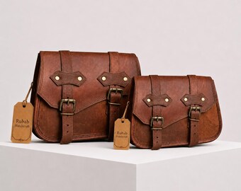 Vintage Leather Motorcycle Saddle Bags, Pannier Tool Storage (Set of 2)