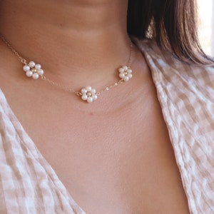 Franconia Daisy Triple Charm Freshwater Pearl Choker - 14K gold filled cable chain and pearls necklace