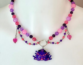 Purple Pink Polka Dot Frog Charm Necklace