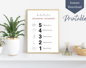 Grounding Techniques Poster Digital Print, Anxiety Art, Breathing Poster, Therapist Office Decor, Social Worker Sign, Counselor Art Prints