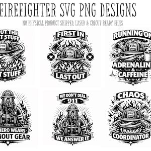 Puede incluir: Diseños SVG y PNG en blanco y negro con temática de bomberos. Los diseños incluyen imágenes de cascos, hachas y bomberos con frases como "I put the wet stuff on the hot stuff" y "My hero wears turnout gear."