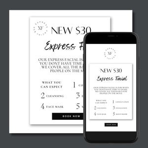 Express Facial Promotion Post, Easy Facial, Flyer gezichtsbehandeling, Flyer Facial Specials, Flyer schoonheidsspecialiste, Nieuwe klant