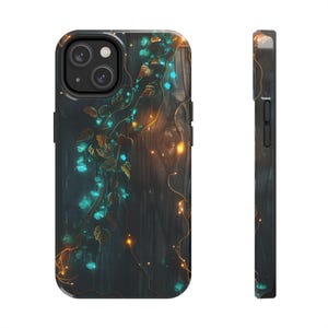 May include: A phone case with a dark wood grain design, adorned with glowing teal and amber lights and foliage. The case has a black border and a camera cutout.