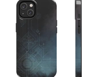 May include: Black and blue phone case with a geometric design. The case features a dark blue to teal gradient and a detailed line drawing of architectural elements. The case has a black border and a camera cutout.
