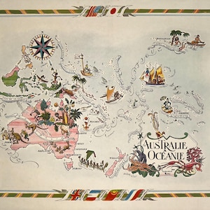 Vintage 1951 Pictorial Map "Australie & Océanie" by Jacques Liozu, Mid-Century Illustrated Map Print | Ideal for Travel, Cartography Lovers