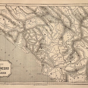 May include: A vintage map of Montenegro, showing the country's borders and major cities. The map is printed in black and white and features a detailed topography. The title of the map is "Carte du Montenegro par G. Lejean."