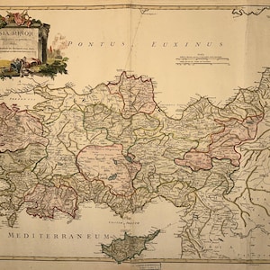 Carte de l'Asie Mineure de 1757 par Robert de Vaugondy - Ancienne gravure sur cuivre coloriée à la main représentant l'Anatolie, Troie, Ephèse, Pergame