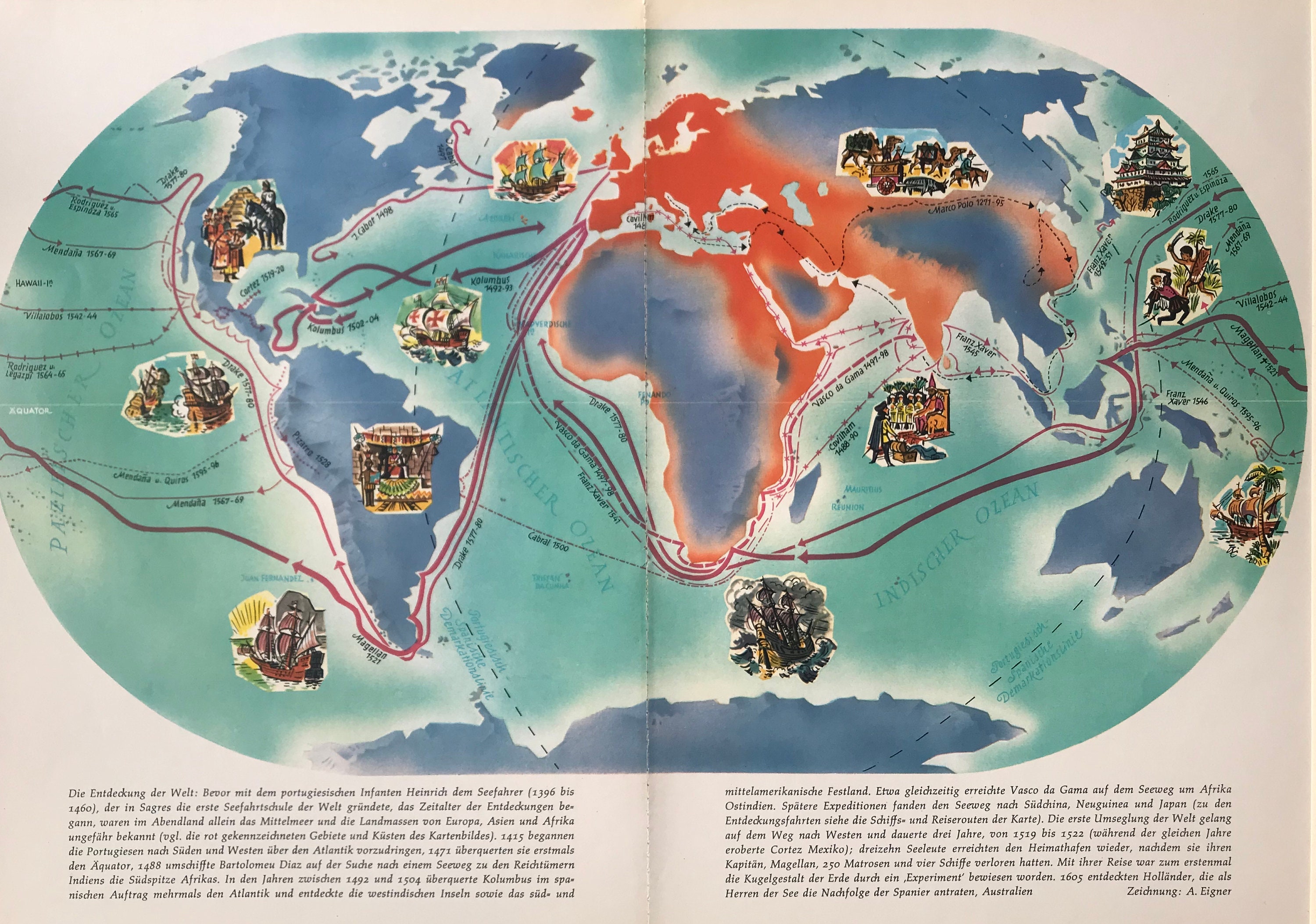 Beautiful Colorful Pictorial World Map Shows Discoveries