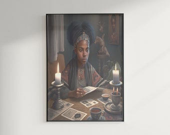 Realistic Black girl sitting reading tarot cards at the coffee table Wall Art, Digital, Poster