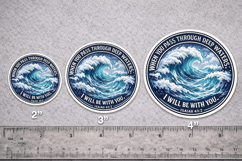 May include: Three round stickers with a blue and white wave design. The stickers are 2, 3, and 4 inches in diameter. Each sticker has the text "WHEN YOU PASS THROUGH DEEP WATERS, I WILL BE WITH YOU. ISAIAH 43:2."