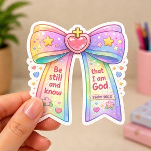 May include: A colorful sticker in the shape of a bow with the text "Be still and know that I am God" and "Psalm 46:10". The bow features a heart, stars, and floral accents in pastel colors.