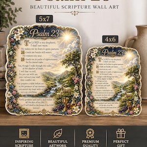 May include: Two rectangular wall art plaques featuring Psalm 23 text, a landscape with sheep, a stream, and floral borders. The plaques are labeled 5x7 and 4x6 inches. The design includes a sunlit sky, mountains, and a golden chalice, with ornate gold-toned edges.