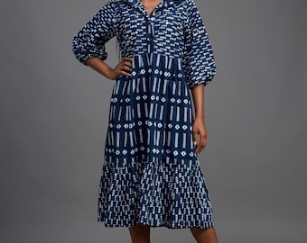 Navy Ankara Shirt Dress: African Print Cotton Midi Dress