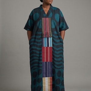 Adire Boubou Dress | African Print Kaftan with Aso-Oke Patchwork | Adire Batik Maxi Dress | Handmade Lagos | Plus Size Adire