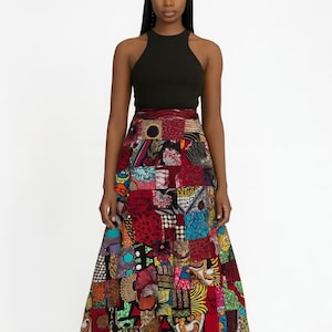 Maxi jupe en patchwork coloré d'Ankara - Jupe longue taille haute à imprimé africain avec poches