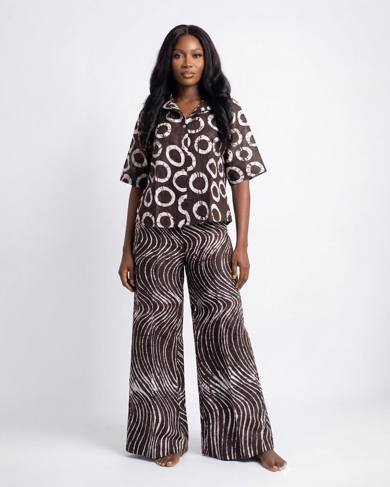 Handmade Adire Print Two-Piece Set: African Cotton Top & Wide-Leg Pants - DEBBIE L US women's letter