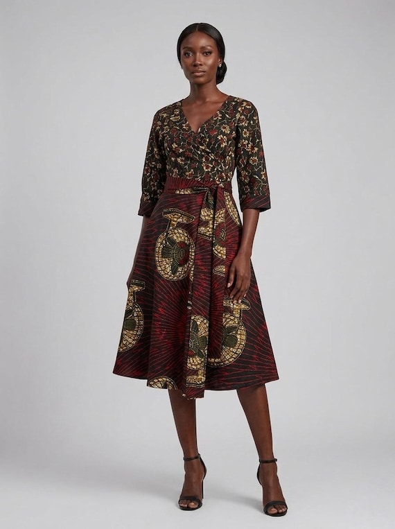 a line midi wrap dress Ankara Red & Gold African Print A-Line Dress BARBARA weekend getaways split hem Sequin Rosette Halter Mini Size:XL-12