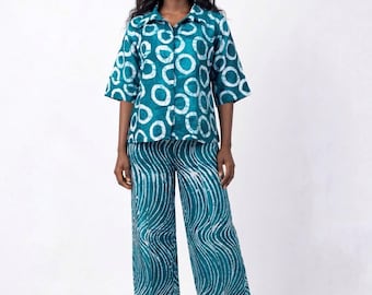 Handmade Adire Print Two-Piece Set: African Cotton Top & Wide-Leg Pants - DEBBIE