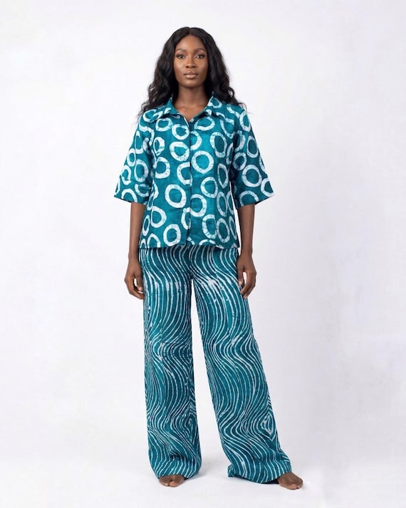 Handmade Adire Print Two-Piece Set: African Cotton Top & Wide-Leg Pants - DEBBIE