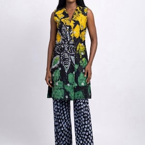 African Batik 2 Piece Outfit | Sleeveless Duster Jacket + Wide Leg Pants | Handmade Nigerian Adire Batik Women’s Clothing |  Long Jacket