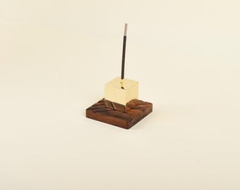Solid Brass Square Incense Holder with Optional Iroko Wood Tray - Stability - Meditation Gift, Minimalist Decor